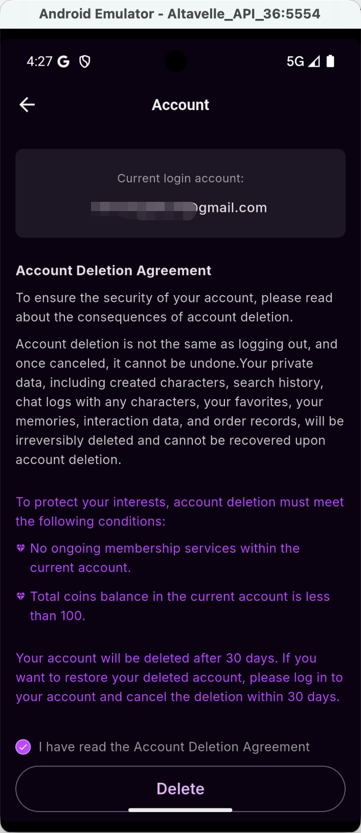 Delete account screen in the Altavelle app