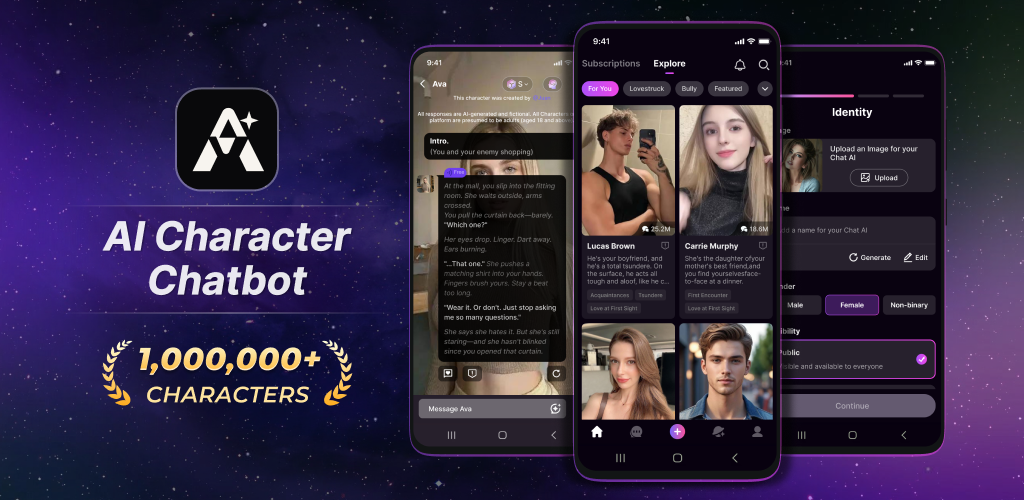 Altavelle character discovery, conversation, and character creation screens